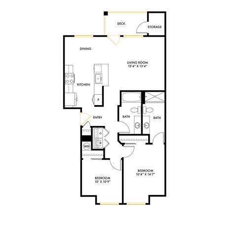 Floor plan for 2 beds, 2 baths, 998 sqft